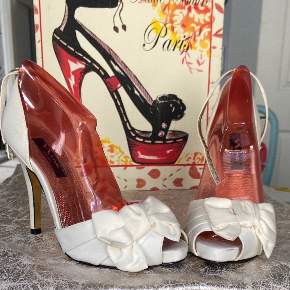 Nina White Peep-Toe Heels with Textured Design